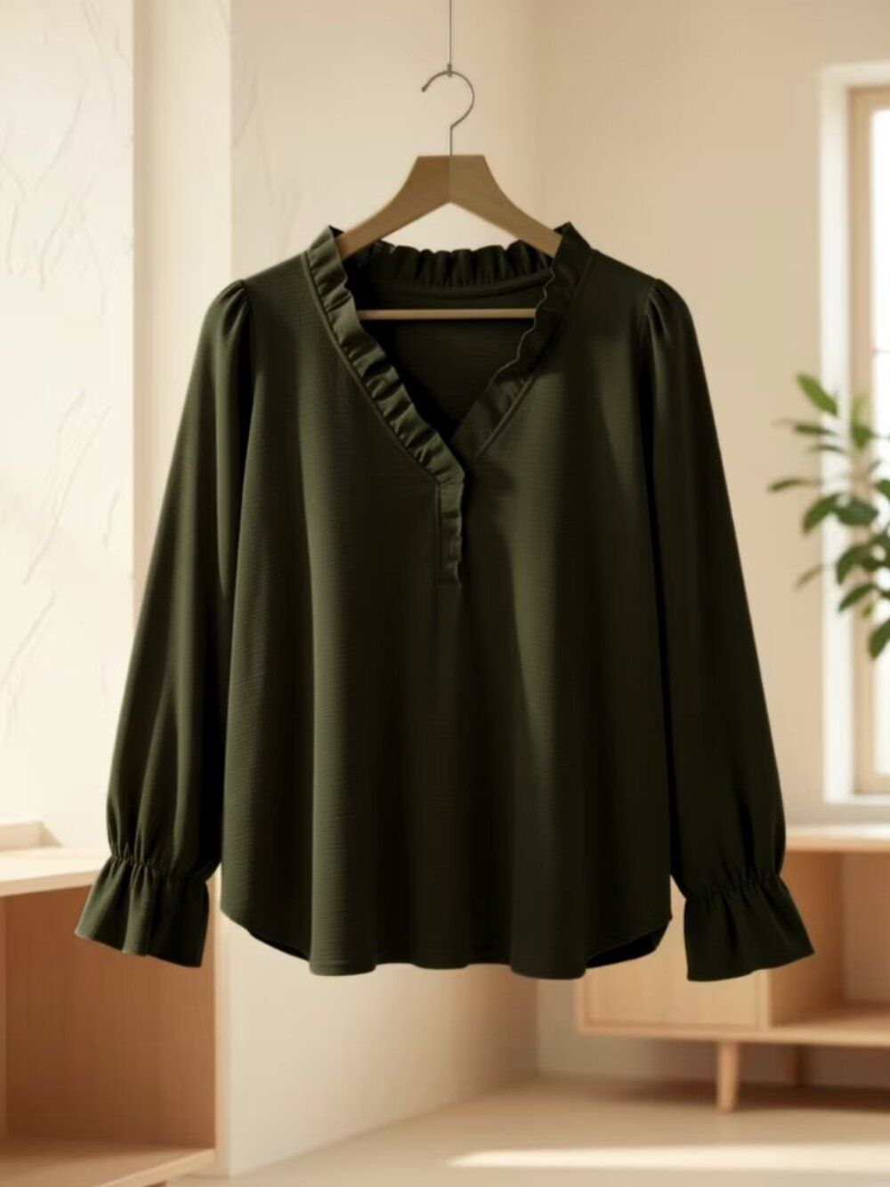 NWT Fern Green Textured Ruffle V-Neck Long Sleeve Blouse Top Plus Size 18 & 20 - Picture 4 of 5